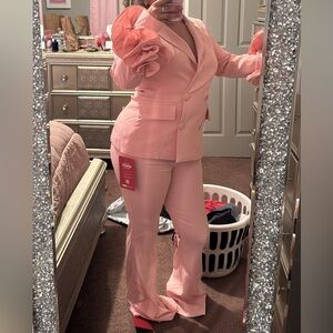Tailored Pink Ruffle-Sleeve Blazer & Pant Set